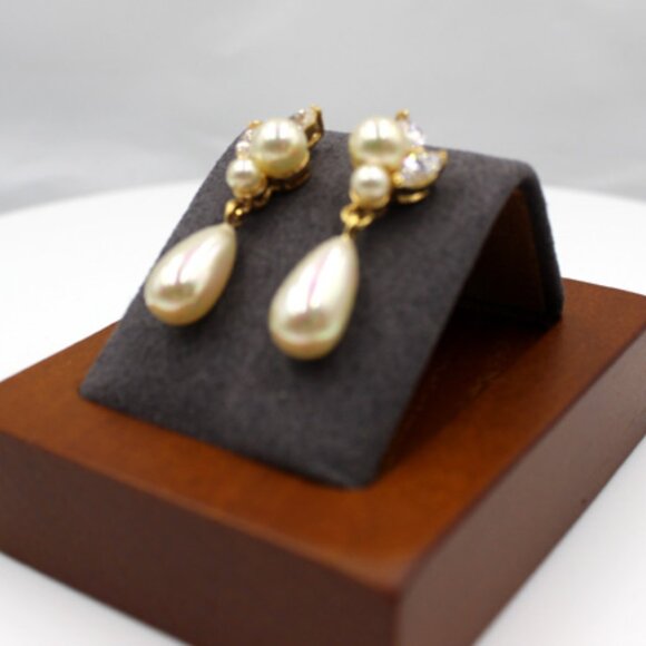 14K CZ and Pearl Dangle Drop Earrings - Picture 3 of 9